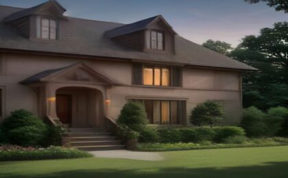 A family home with warm lit windows at first light