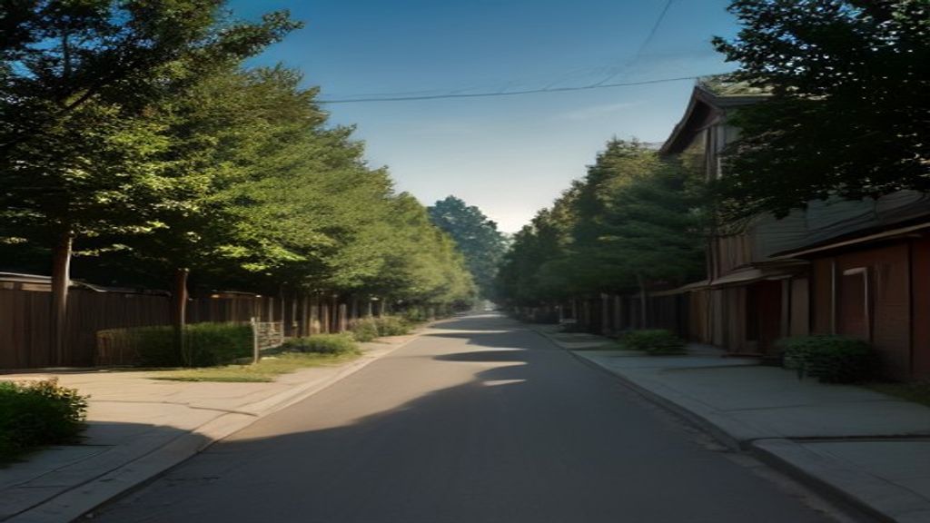 A quiet tree-lined residential street in evening light