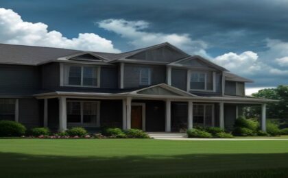 A house beneath a sky where the clouds are starting to break